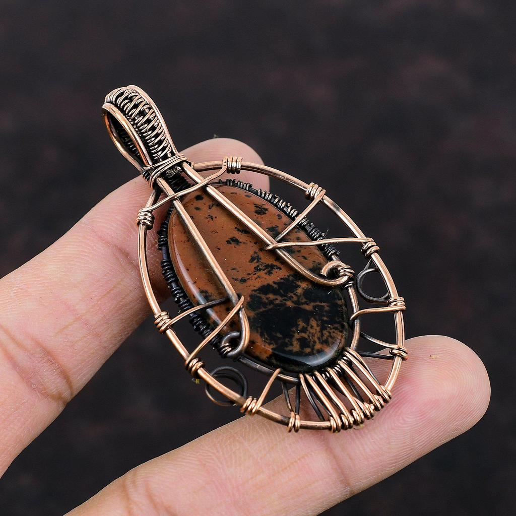 Подвеска из красного дерева и обсидиана «Дерево жизни», подвеска из медной проволоки, подвеска из драгоценных камней, подвеска из медной проволоки, ювелирное изделие ручной работы, подарок для нее