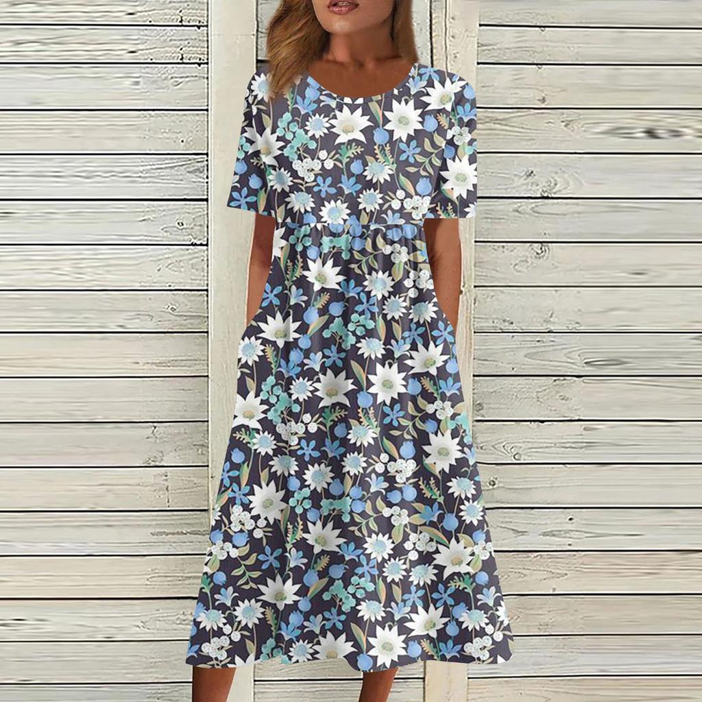 Жен. Повседневные платья Платья с принтами Летние платья С принтами Плиссированные платья-миди с круглым вырезом Классический Классический На открытом воздухе Повседневные С короткими рукавами Свободные платья