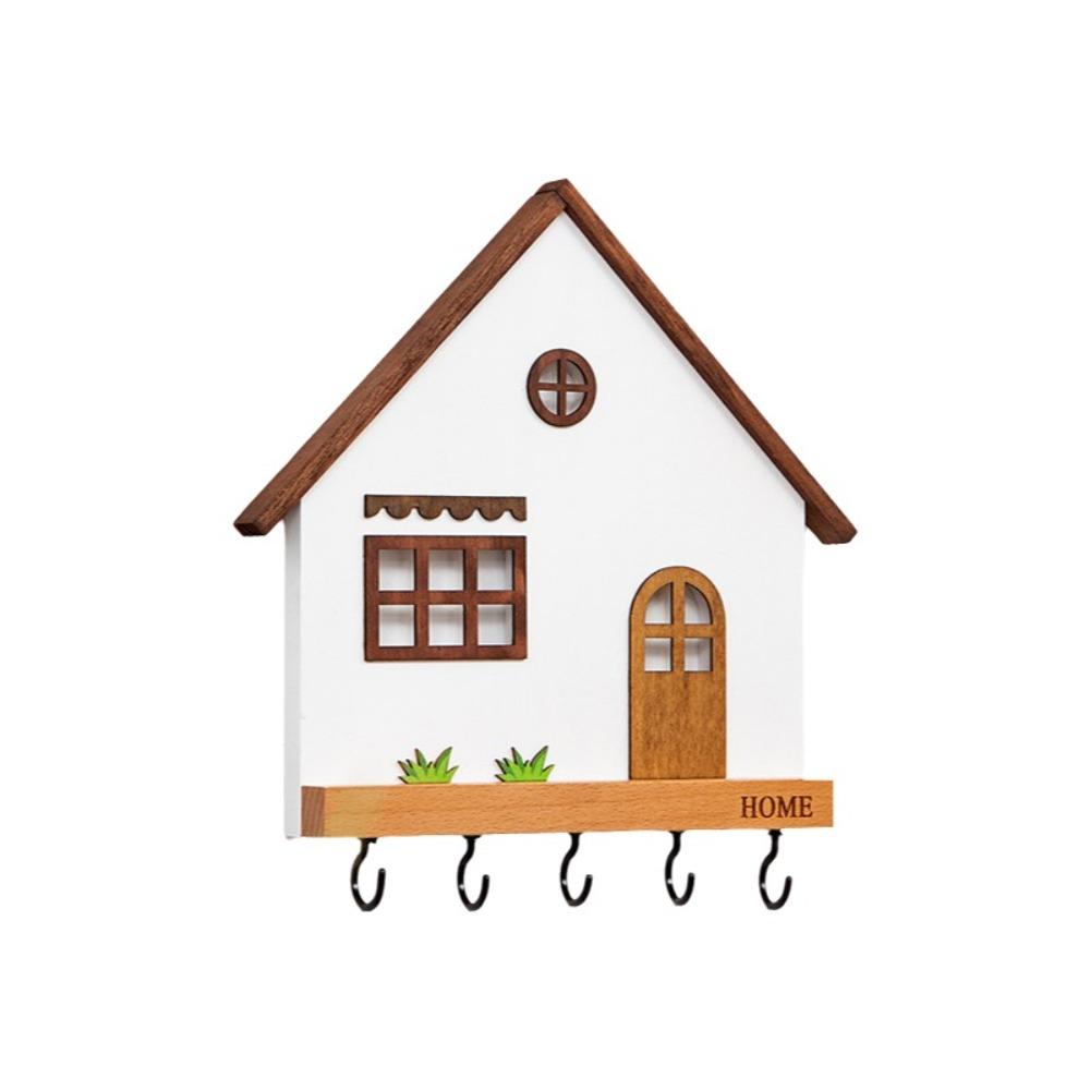 Wooden Wall Mount Key Holder 5-Hook Design House Shape Decorative Hooks Rustic Multi-Purpose Key Rack Bedroom Decorative Shelf