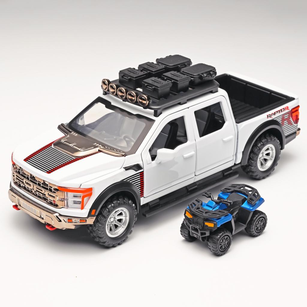 Масштаб 1/24 Пикап Ford Raptor F-150 Модель автомобиля из сплава Симуляция Внедорожник, Подарок для мальчика, Звук и свет Детская игрушка Украшения