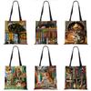 Customize Oil Painting Cat Print Womens Designer Tote Bags Linen Reusable Shopping Bag For Groceries Shoulder Bags for Lady 2020