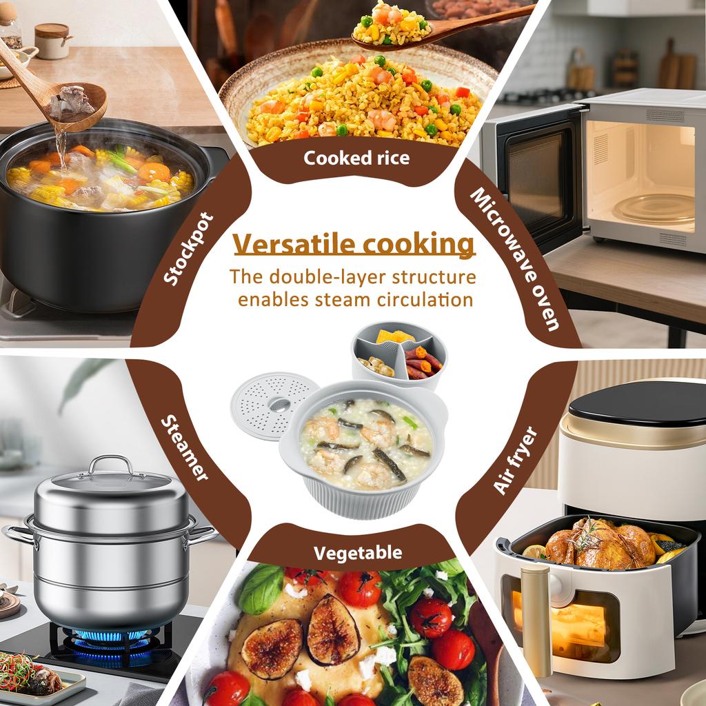 Микроволновая силиконовая пароварка 3 отделения Кастрюля для микроволновки Термостойкость Многофункциональная пароварка Миска Портативная кастрюля для аэрофритюрницы Легко