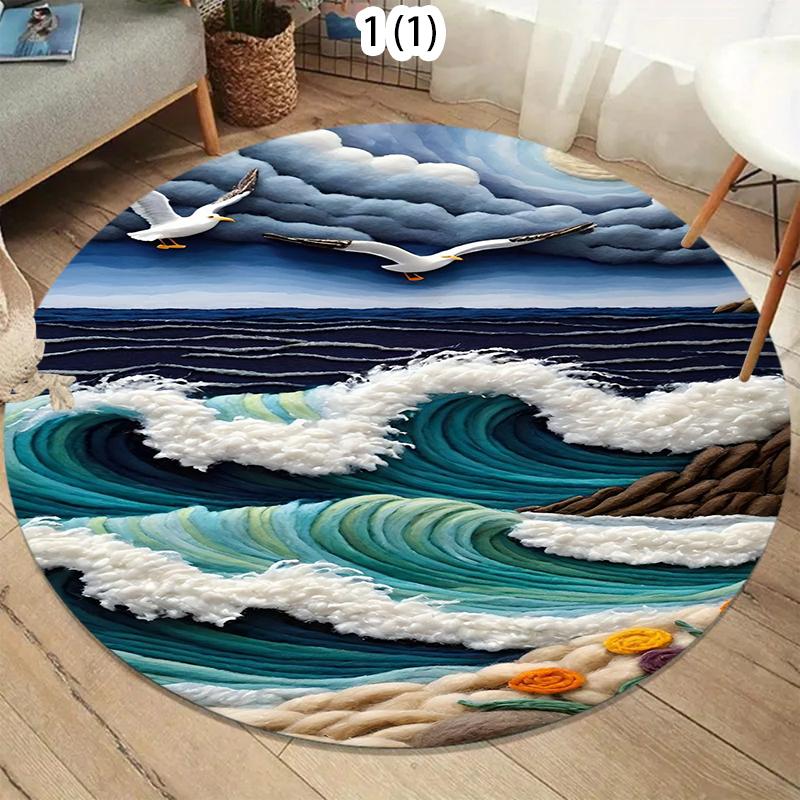 Coastal Ocean Wave Seagull Round Rug, Non-Slip Soft Teal Area Rug, Nordic Living Room Bedroom Floor Mat, Artistic Home Decor