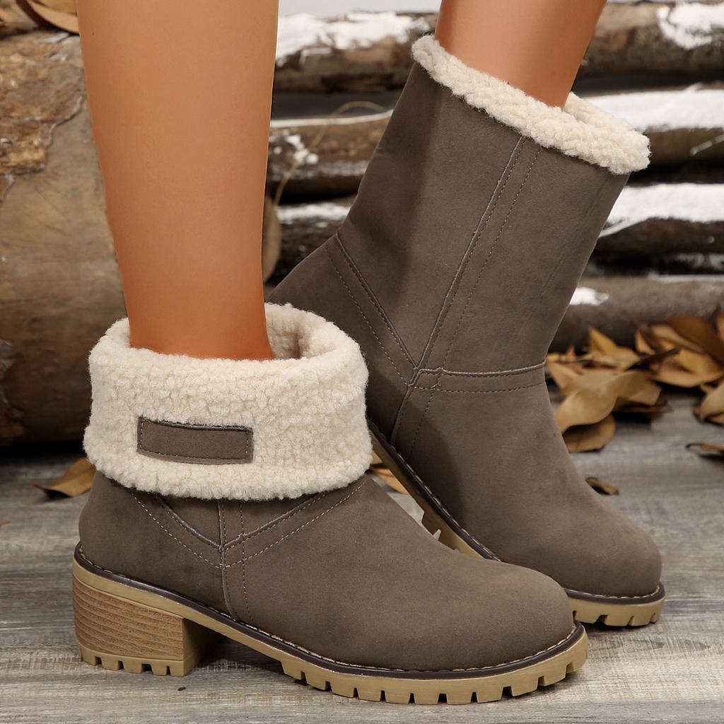 2024 Autumn and Winter European and American Medium Tube Thick Heel Turning Snow Boots Size 43 Foreign Trade Large Size Cotton Boots Women