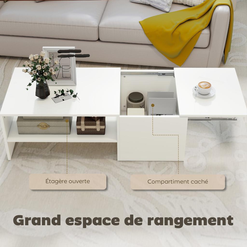 Rectangular Coffee Table Sliding Top Side Table Hidden Storage Open Shelf 110 X 52 X 36 Cm White