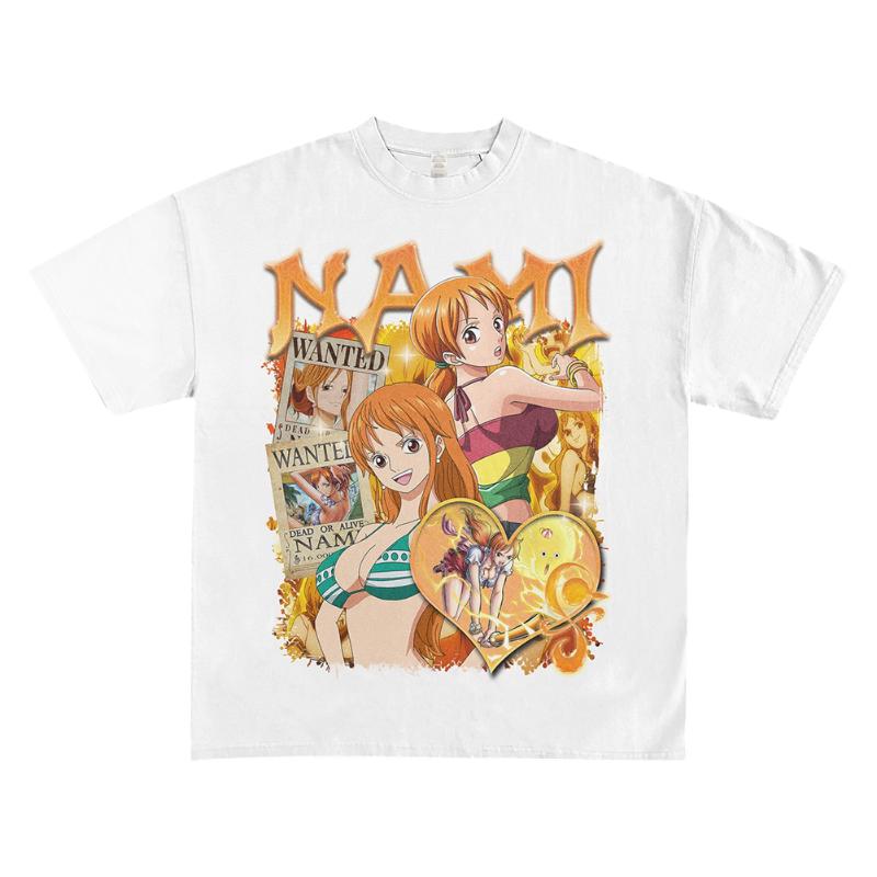 Футболка с коллажем "Разыскивается Нами" из One Piece, Кавайная Эстетика, Мужская Женская, Мягкий Хлопок, Аниме Футболка, Милая Повседневная Свободная Футболка с Короткой Рукавой