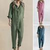 Women Spring Jumpsuit Turn-down Collar Half Single-breasted Long Sleeves Pure Color Loose Casual Dily Wear