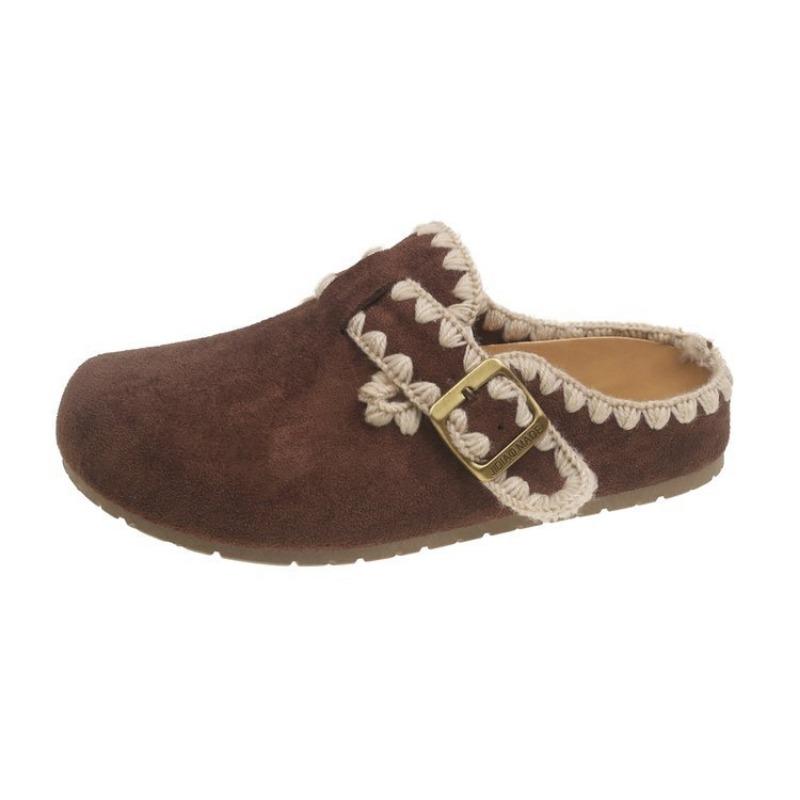 Retro Rubber Sole One-pedal Slippers Autumn and Winter New Bag Head Lazy Shoes Embroidered Platform Slippers