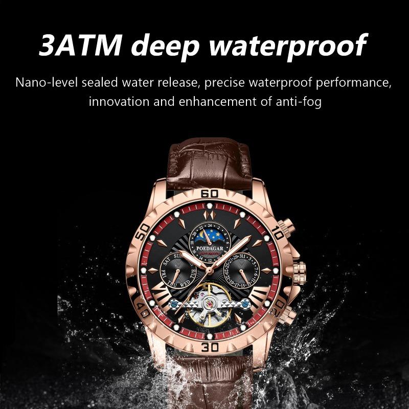 POEDAGAR Tourbillon Automatic Mechanical Wristwatch Waterproof Luminous Date Week Leather Men Watch Luxury Fashion Watches