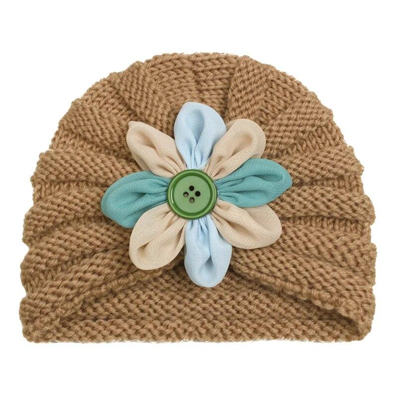 Вязаная детская шапка с пуговицами и цветком для мальчиков и девочек, осенне-зимняя теплая толстая мягкая шапочка, милая шерстяная шапочка для новорожденных малышей