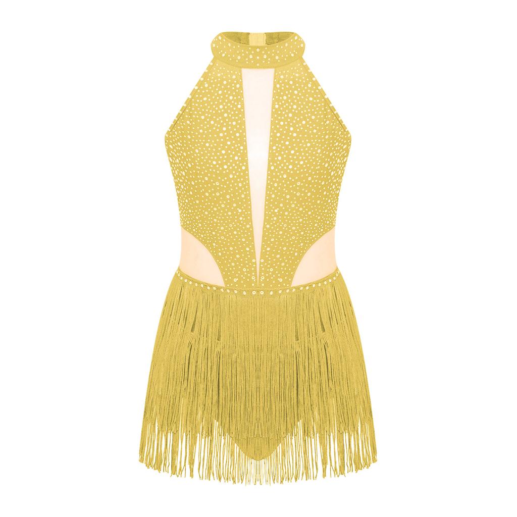 Боди для танцев для девочек со стразами, без рукавов, с открытой спиной и бахромой для выступлений и соревнований по латиноамериканским танцам