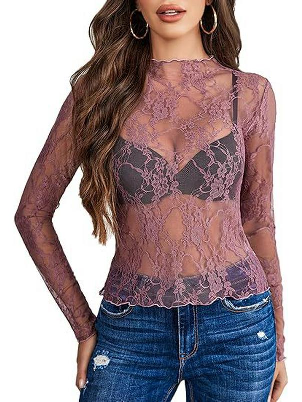 2024 European & American Style Lace Floral See-Through Long-Sleeve Women's Top