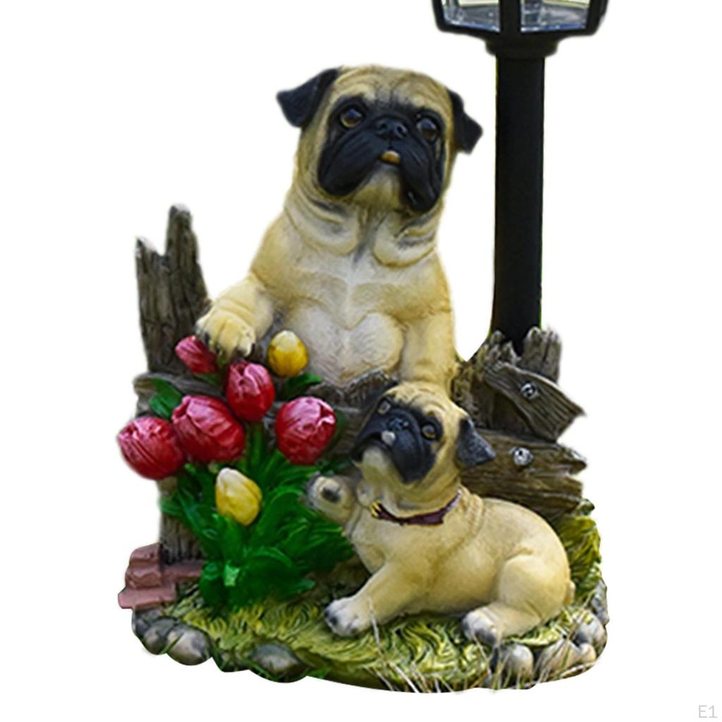 Садовая статуя мопса, солнечный столб, лампа из смолы, скульптура, симпатичное водонепроницаемое украшение для газона для переднего двора,