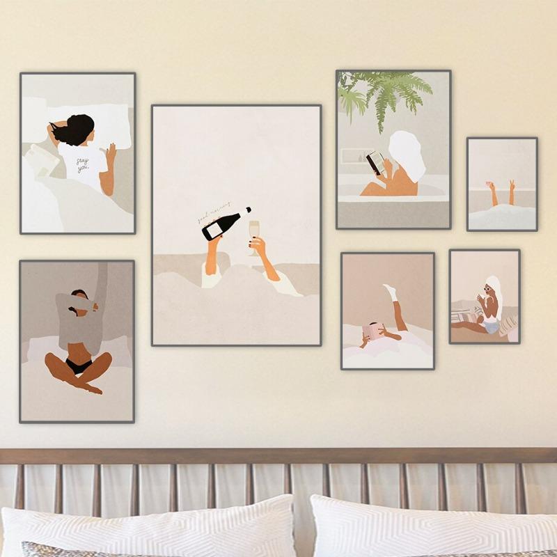 Leisure Life Bohemia Girl with Bed Champagne Sleep Tub Book Coffee Prints Wall Art Canvas Posters for Living Room Decor