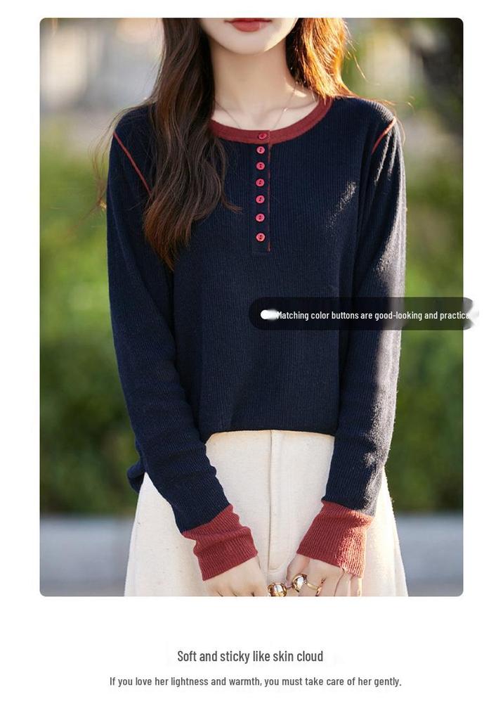 Stylish Women's Color Block Knit Sweater - Round Neck, Long Sleeve, Age-Reducing, Casual Top