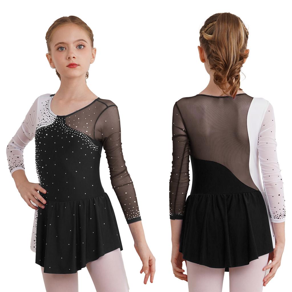 Kids Girls Stylish Dance Wear Long Sleeve Rhinestone Decor Contrast Color Skating Dresses