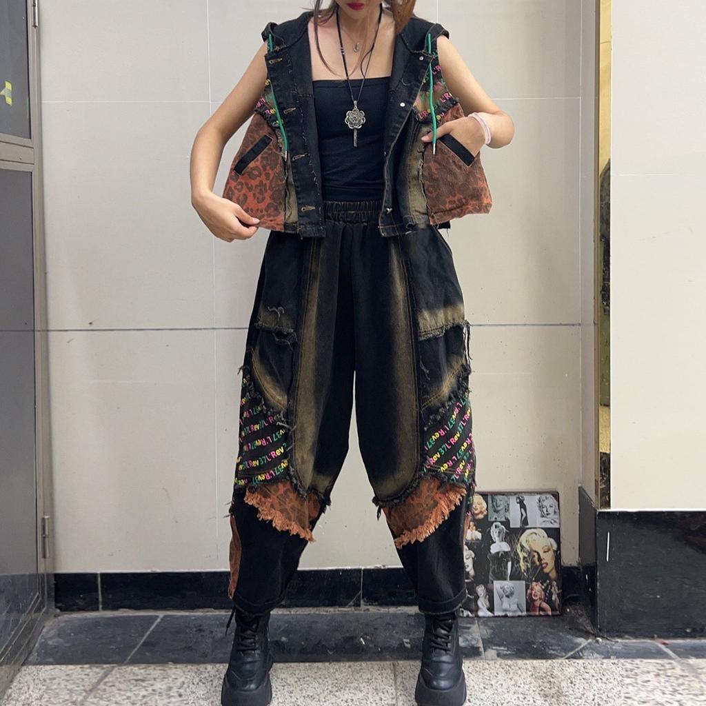 Fashion personality trendy cool women's clothing spring and autumn new denim hooded vest + elastic waist Harlan pants suit trendy
