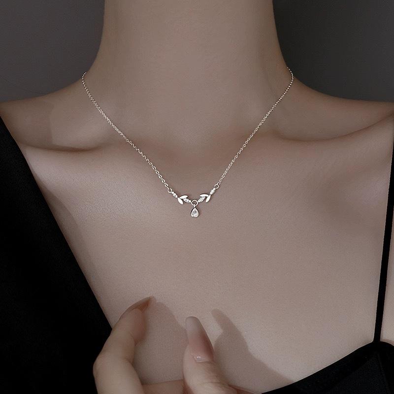 S999 Pure Silver Wheat Leaf Water Drop Pendant Necklace for Women Niche Design Clavicle Chain Neck Chain