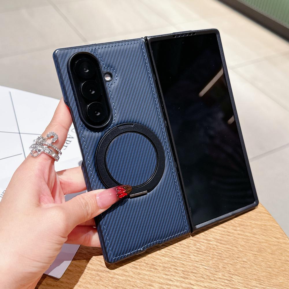 KEYSION Чехол с текстурой кевларового углеволокна для MagSafe для Samsung Galaxy Z Fold 7 6 5 4 3 с вращающейся на 360° магнитной подставкой-кольцом, чехол для телефона