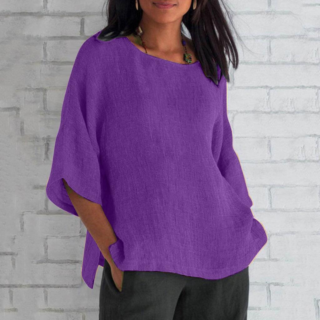 Women's Fashion Half Sleeve Round Neck Solid Colour Loose Casual Shirt Top