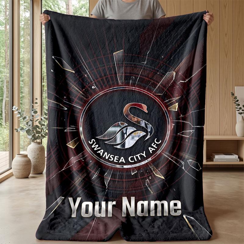 Swansea City FC Custom Name Text Flannel Blanket Soccer Logo Personalized Fleece Throw Blanket Special Gift For Sofa Bedroom Home