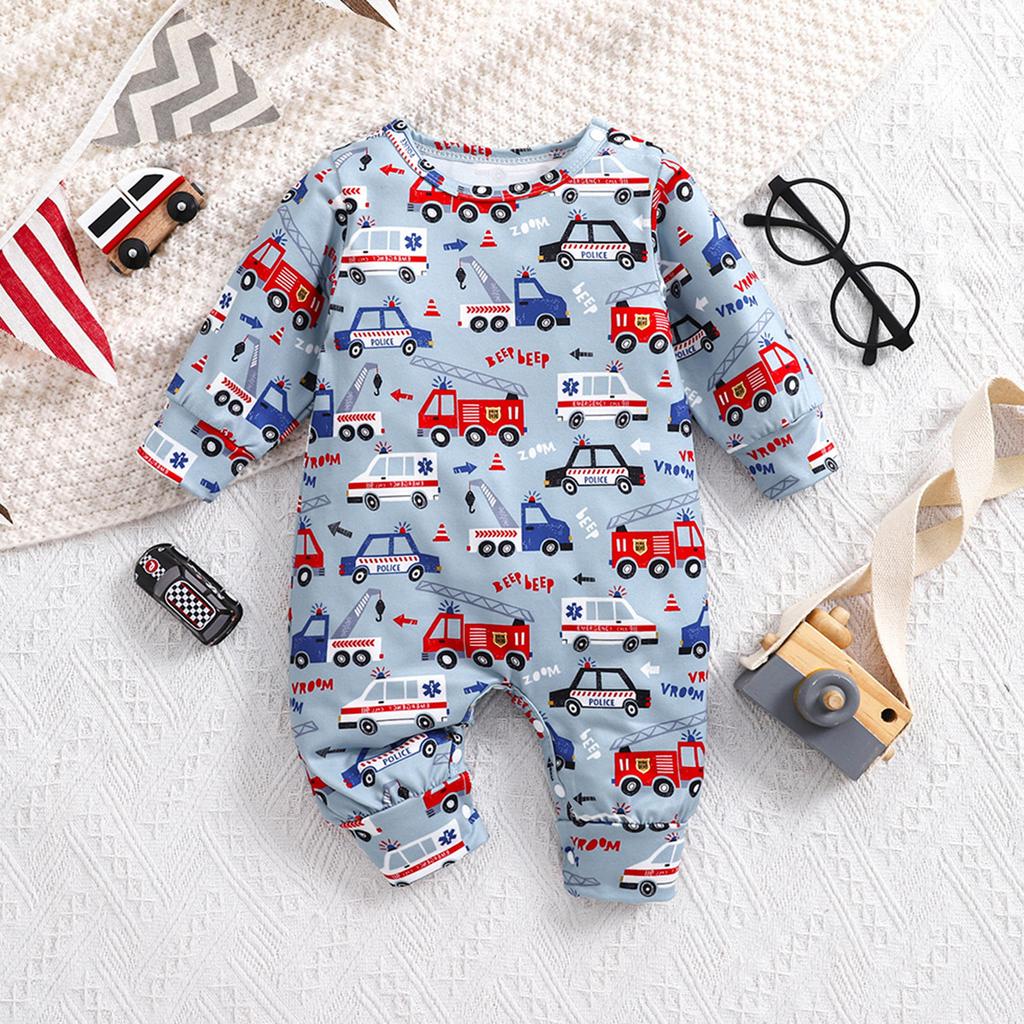 Newborn Baby Boy Cartoon Vehicle Print Long Sleeve Romper
