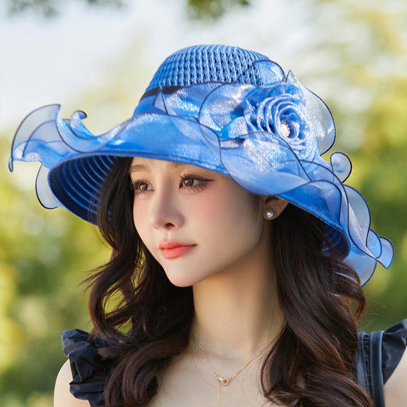 Elegant Summer Women'S Sun Hat Breathable Organdy Material Foldable Design Top Flower Organza Wide Brim Ruffled Beach Hat