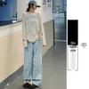 Petite Blue & White Checkered High Waist Summer Pants - Women's Casual Straight Leg Stroll Style
