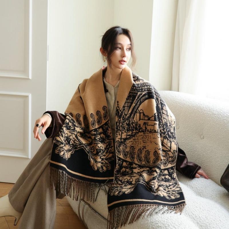New Fashion Tower Print Winter Women'S Scarf Luxury Design Double Sided Cashmere Feel Scarf Tassels Warm Scarf Shawl 43*200Cm