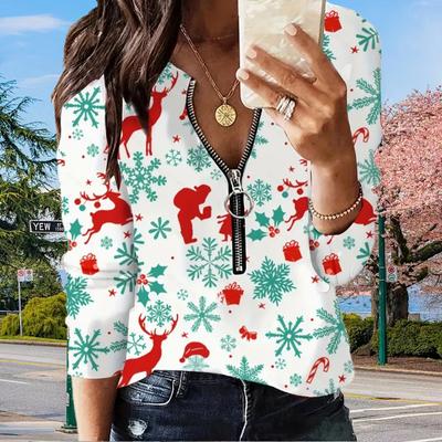 Женские осенние рождественские снежинки с длинным рукавом футболки свободные V-образным вырезом больших размеров футболки топы удобные блузки