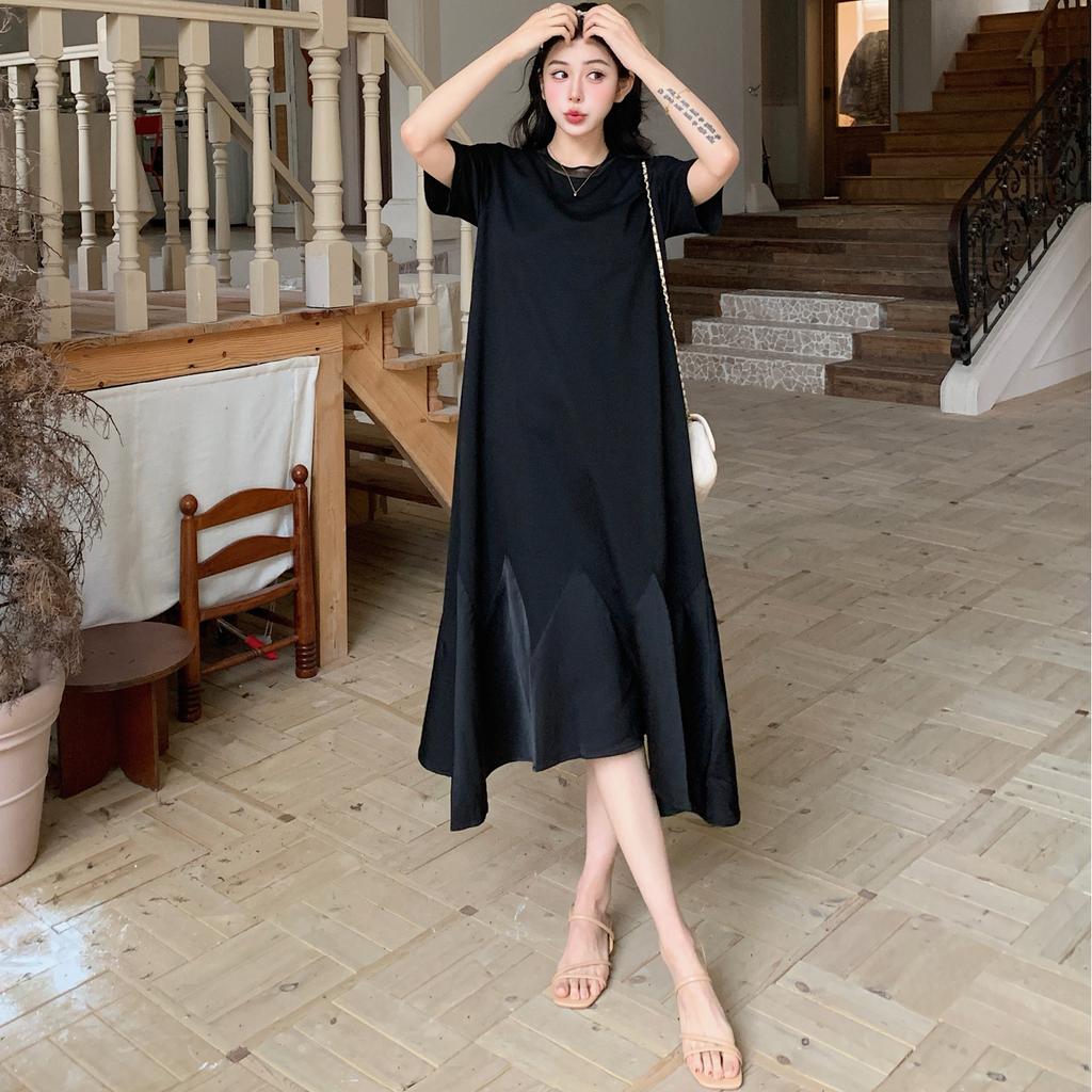 Dimanaf 2025 Летнее платье больших размеров для женщин, повседневное винтажное черное платье, базовое свободное длинное платье с круглым вырезом