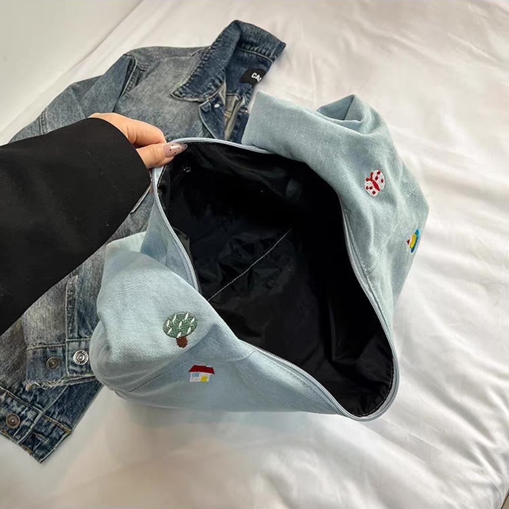 Sweet Cute Embroidered Tote Bag Commuting Messenger Bag Portable Women's Denim Shoulder Bag Travel