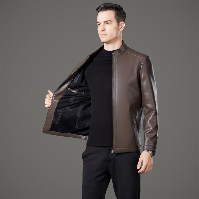 Кожаная куртка мужская из овчины кожаная куртка делового стиля для пап среднего возраста новая куртка среднего возраста и пожилых людей с воротником-стойкой