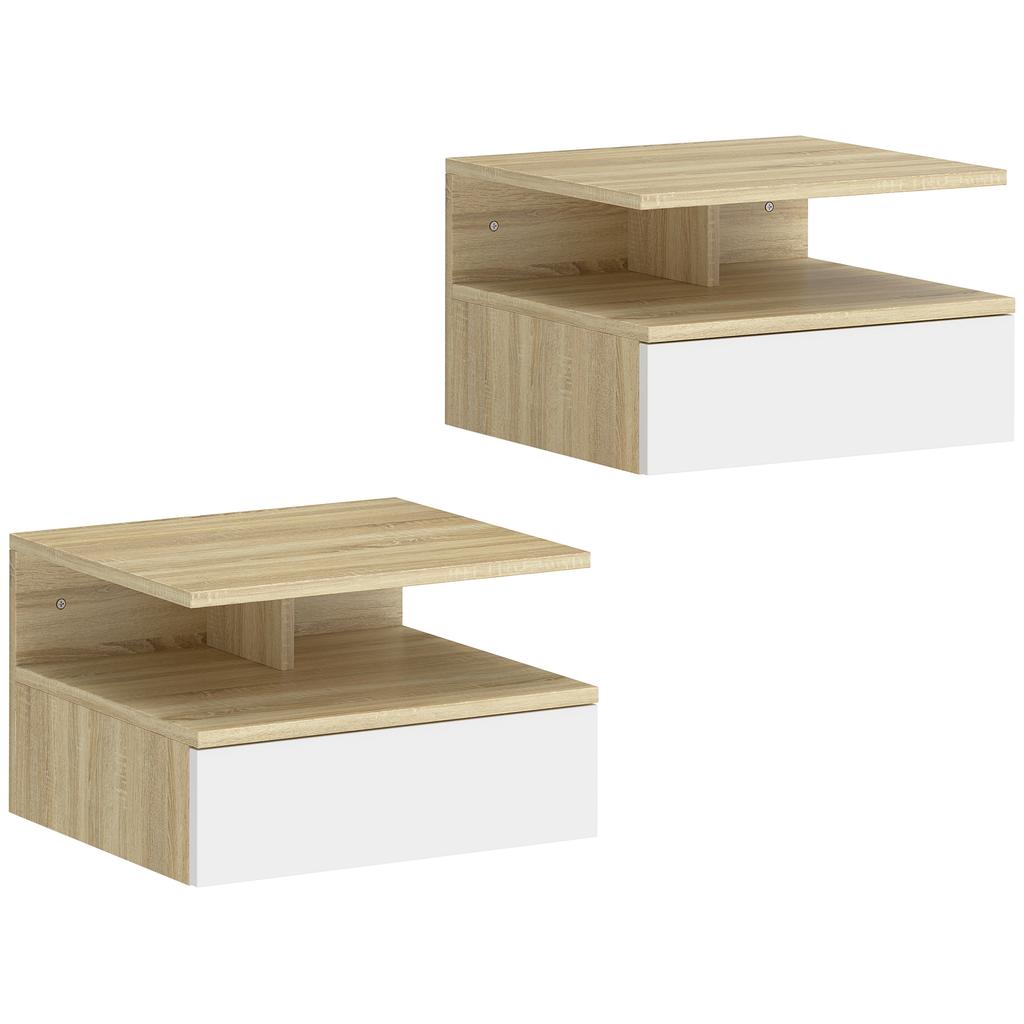 Set of 2 Wall-Mounted Nightstands, Drawer and Open Shelf, 35x32x22.5 cm, White and Oak
