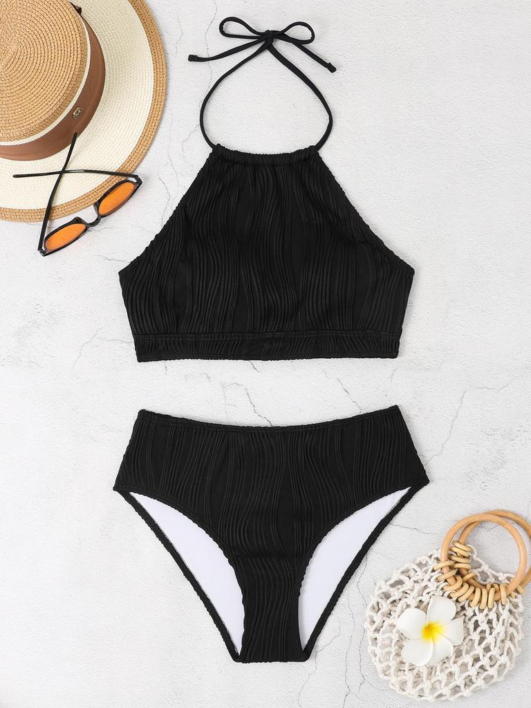 2024 European & American Solid Color High Waist Split Bikini Swimsuit for Women