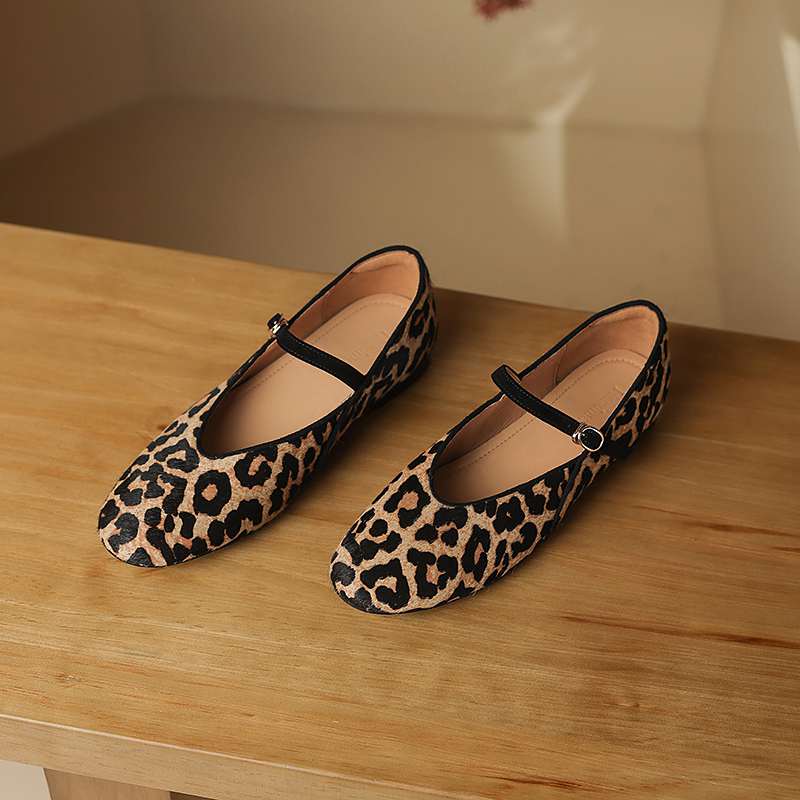Krazing Pot Horsehair Fur Summer Spring Autumn Low Heels Flat with Leopard Patterns Ballet Shoes Shallow Pumps