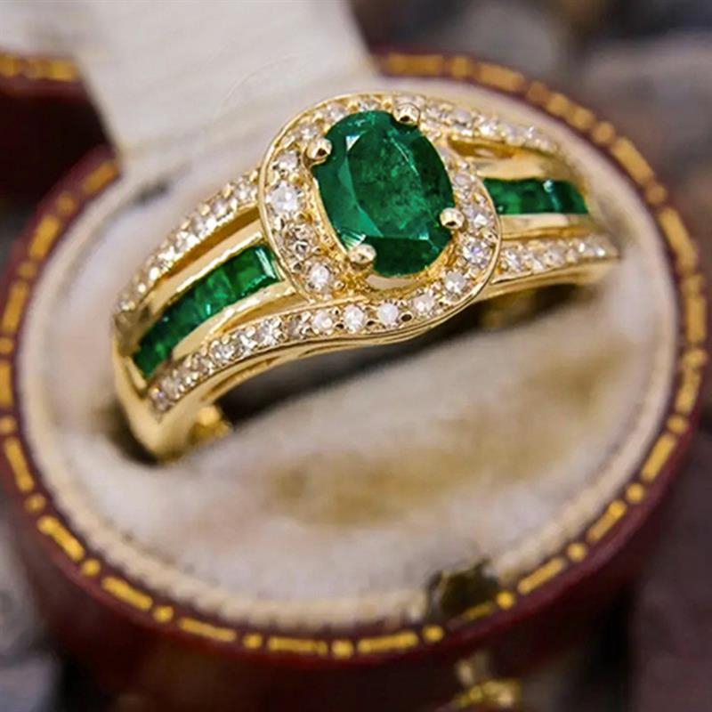 Xiaomi Huitan Gold Color Women Ring Noble Wedding Party Fashion Accessories Inlaid Shining Green Oval CZ Fancy Daily Elegant Jewelry