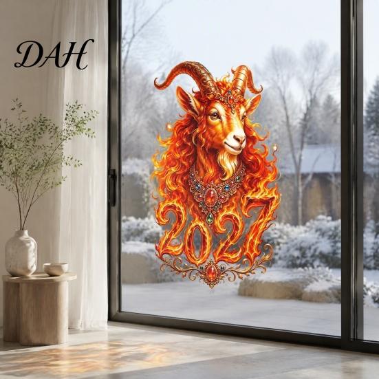 Office Window Holiday Stickers Chinese New Year Sticker, 2027 Goat Static Clings, Flame Textured Sheep Pattern Reusable Lunar Xmas Decor for Home Shop