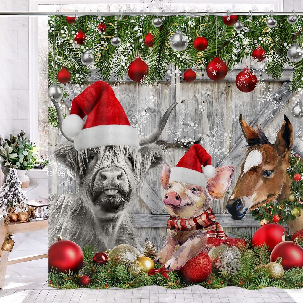 Funny Christmas Shower Curtain, Rustic Farmhouse Winter Christmas Ball Snowflake Shower Curtain Holiday Decorative, Farm Animals