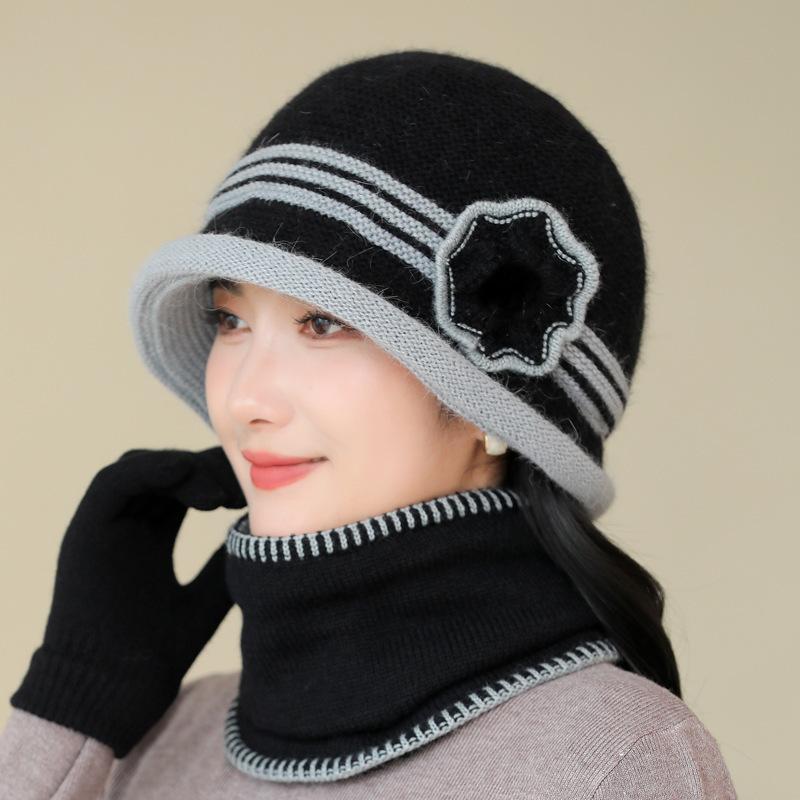 New Winter Warm Basin Hat for Women Fashionable and Fashionable Middle Aged and Elderly Mothers Hat Plus Velvet Thickened Rabbit Wool Knitted Hat