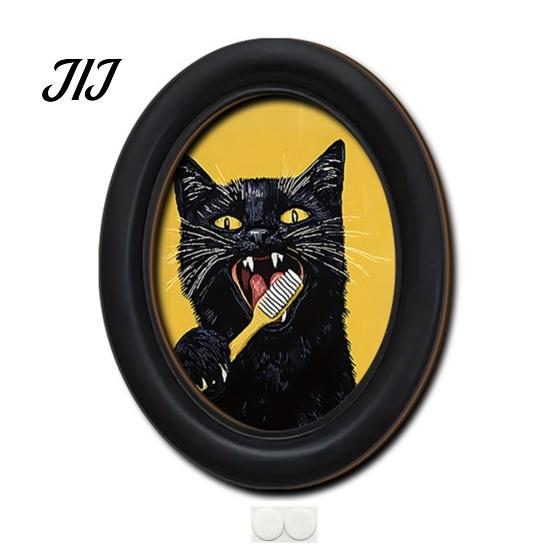 Decorative Wall Accents for Living Room Abstract Art Cat Decor, Oval 2D Wood Framed Funny Painting Unique Prints Print, Vintage Ornament Bedroom Home