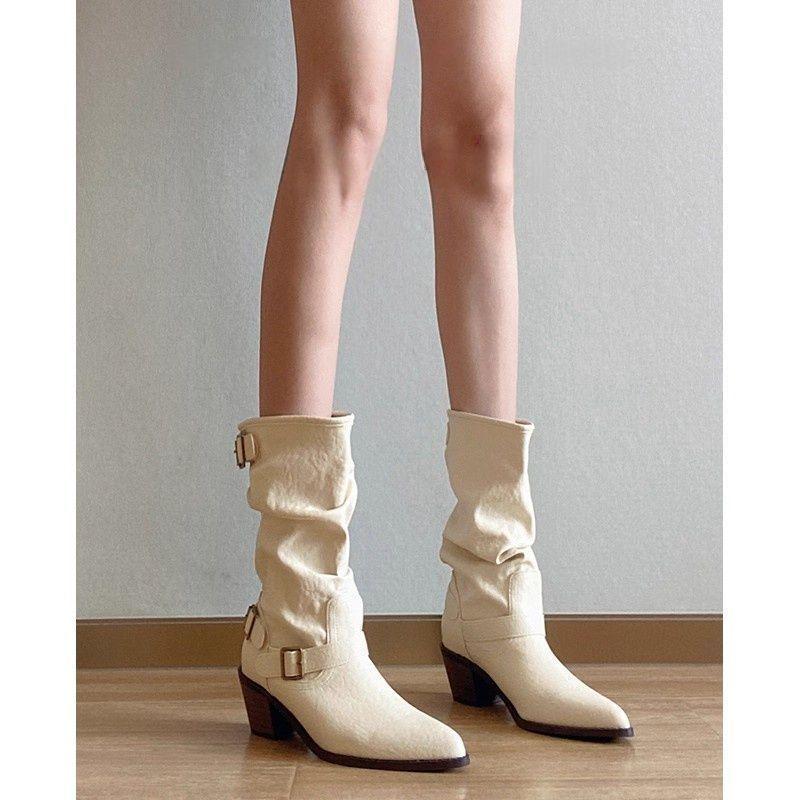 Women's 2025 Autumn/Winter Retro Korean-Style Pointed Toe Martin Boots - Versatile White Soft Leather High Heel Slouch Boots
