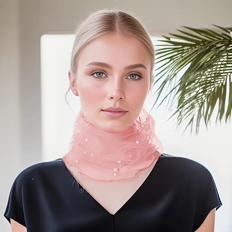 Fashionable Four-Season Nylon Mesh Scarf Adorned with Lace And Pearl Decorations, Providing Lightweight And Transparent Neck Protection.