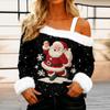 Женская повседневная модная сексуальная футболка с открытыми плечами, рождественским узором, длинным рукавом и круглым вырезом