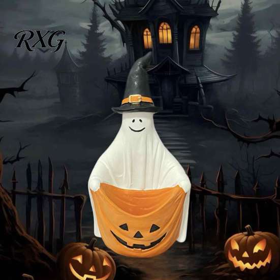 Resin Ghost Figurine Halloween Witch Hat Figurine, Pumpkin Pen Holder Decor Candy Storage Container, Tabletop for Holiday Party Statue