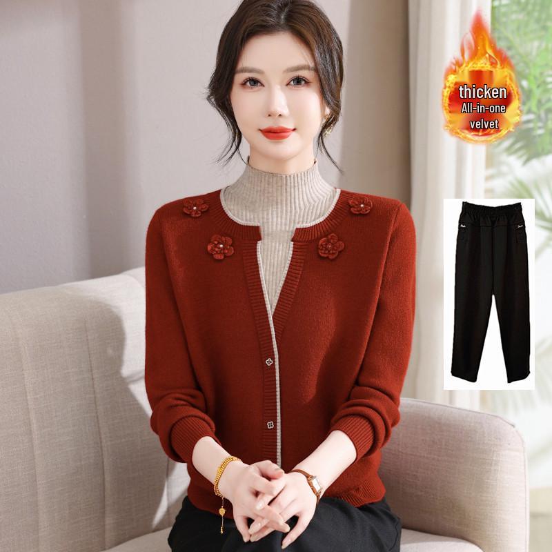 Stylish Faux Two-Piece Velvet Sweater for Middle-Aged & Elderly Women - Warm Knit Base Layer