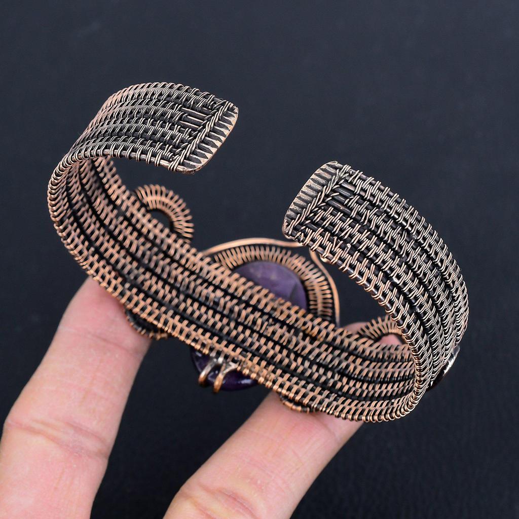 Аметистовый браслет-манжета, браслет-бенгл с настоящим драгоценным камнем, браслет, обернутый медной проволокой 999 пробы, украшения ручной работы, регулируемый браслет для подарка, женские украшения