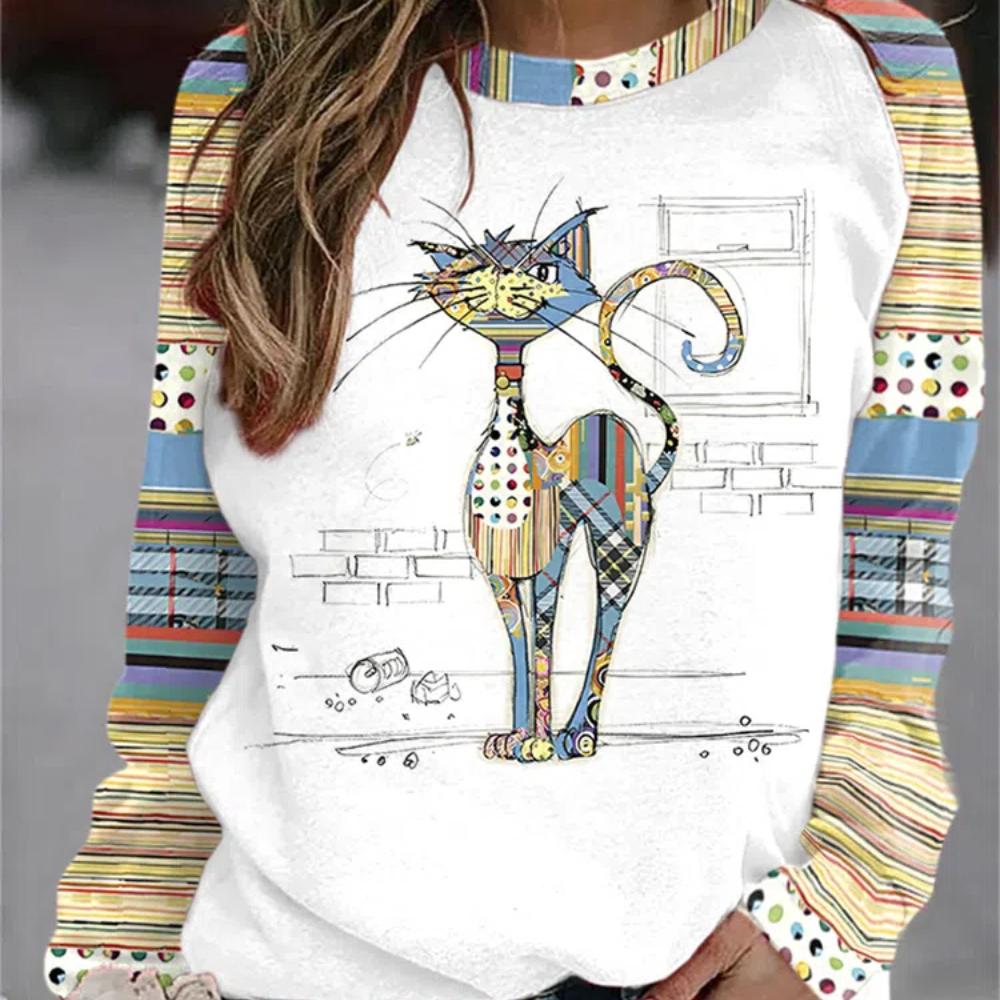 Cartoon Cat Round Neck Sweater Printed Women's Autumn Raglan Sleeve Cartoon Casual Round Neck Sweater Casual Pullover Top