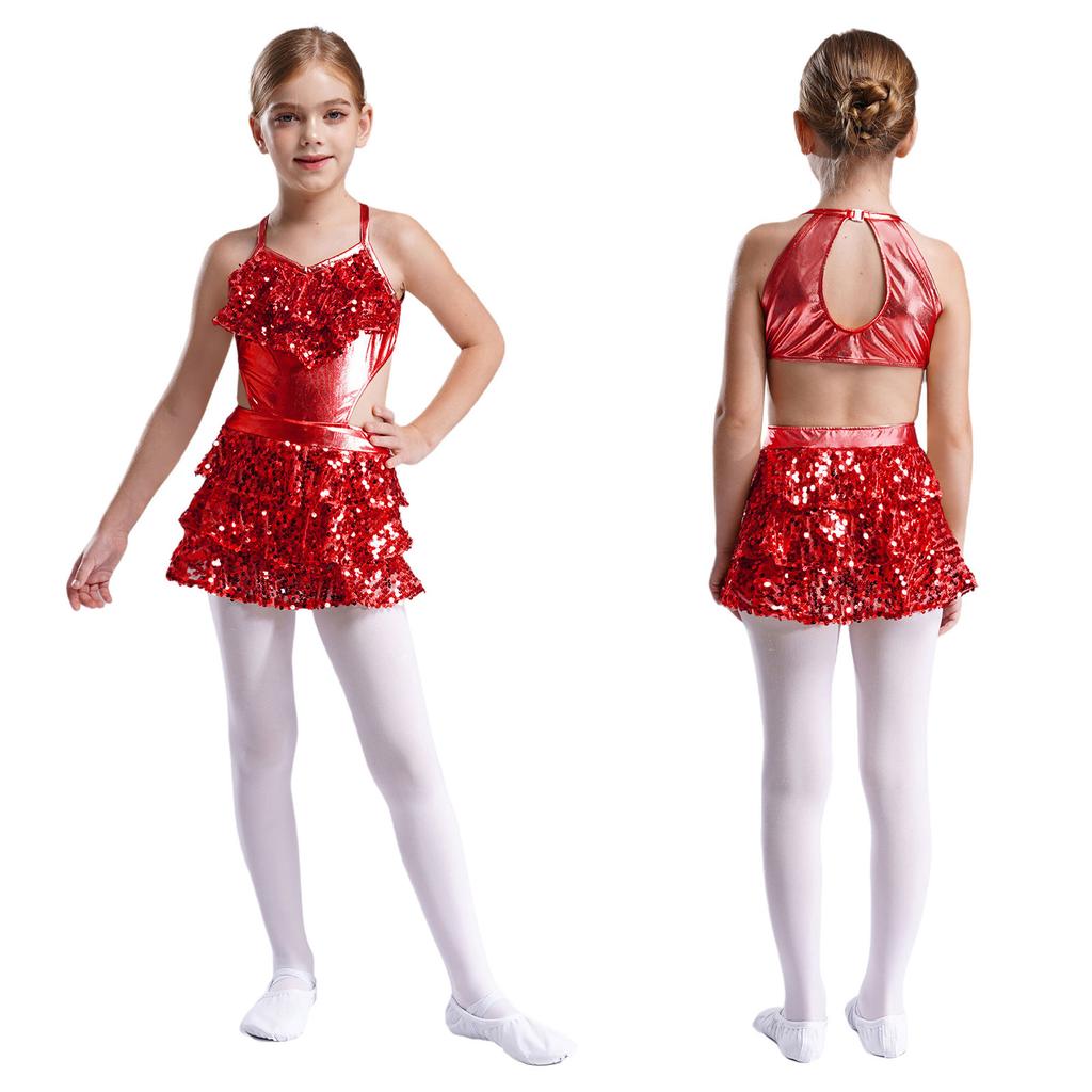 Girls V Neck Sleeveless Dance Dress Tiered Ruffle Sequins Cutout Back Stage Performance Costume