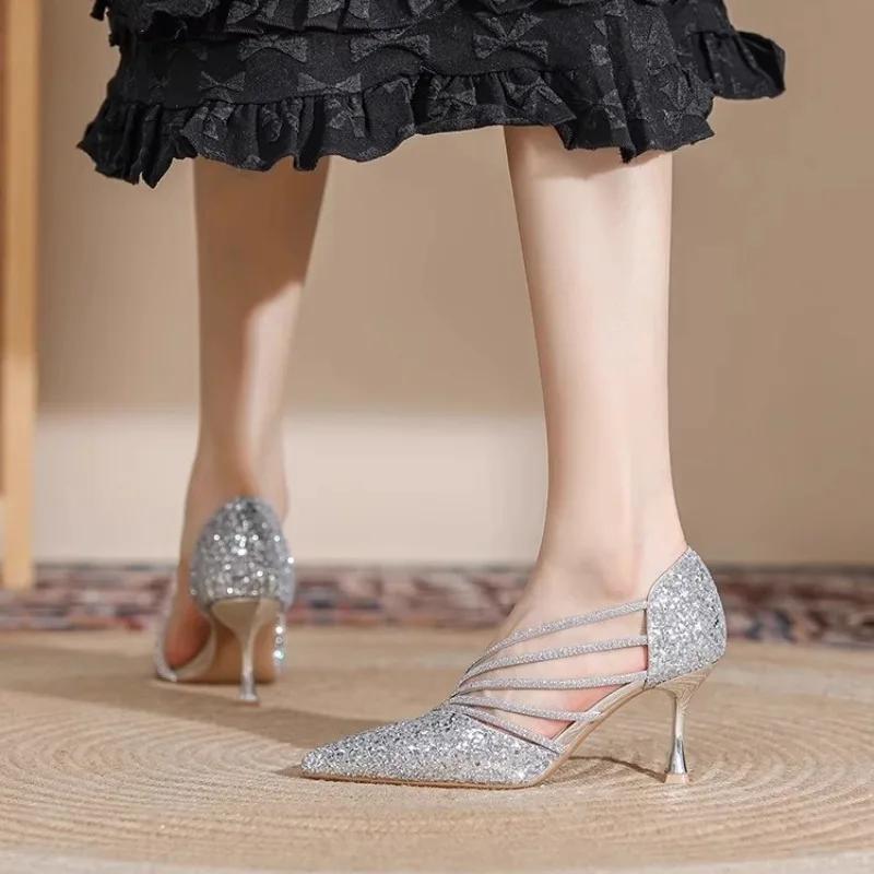 Модные женские туфли на высоком каблуке, летние новые туфли с заостренной цепочкой и бриллиантами, свадебные туфли на шпильках